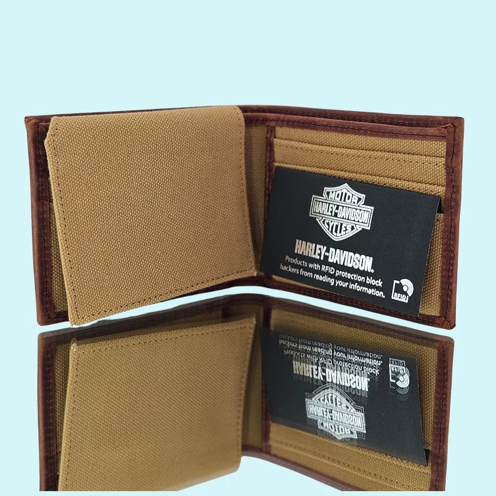 Harley Davidson Wallet Cotton Canvas Bifold Khaki Leather Trim RFID Protection